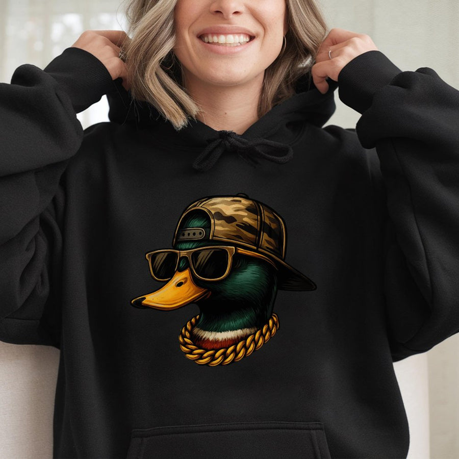 Cool Duck Graphic Hoodie | Urban Mallard With Sunglasses & Camo Hat | Cotton-Blend Premium Quality | Funny Streetwear Gift For Duck Hunters