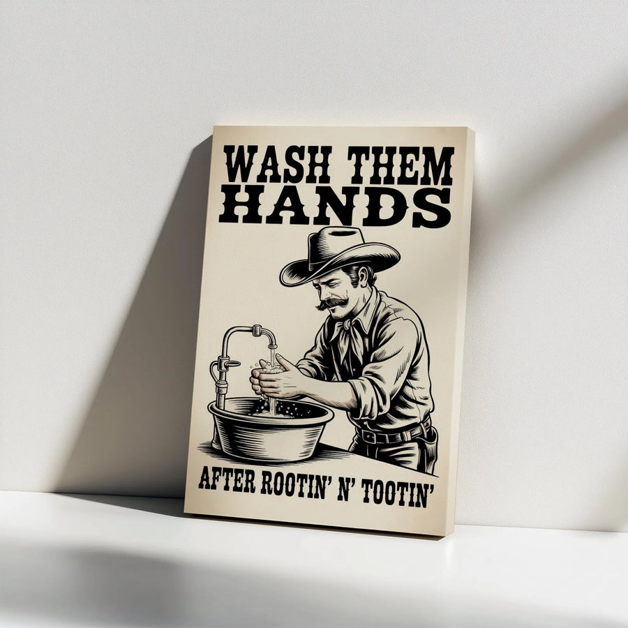 Wash Them Hands Canvas Art | Vintage Western Cowboy Bathroom Decor | Gallery Wrapped Premium Print | Funny Farmhouse Wall Sign Gift for Men