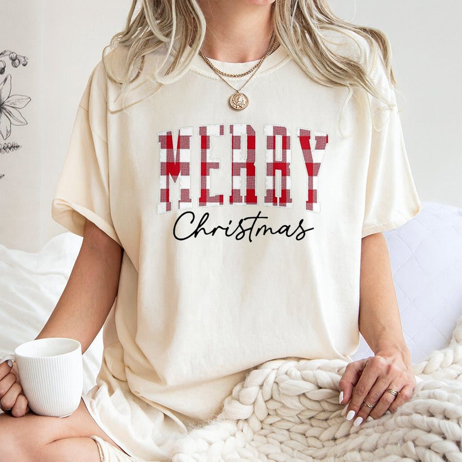 Merry Christmas T-Shirt | Red Plaid Buffalo Check Design | Premium Cotton Apparel | Festive Holiday Gift for Women and Men