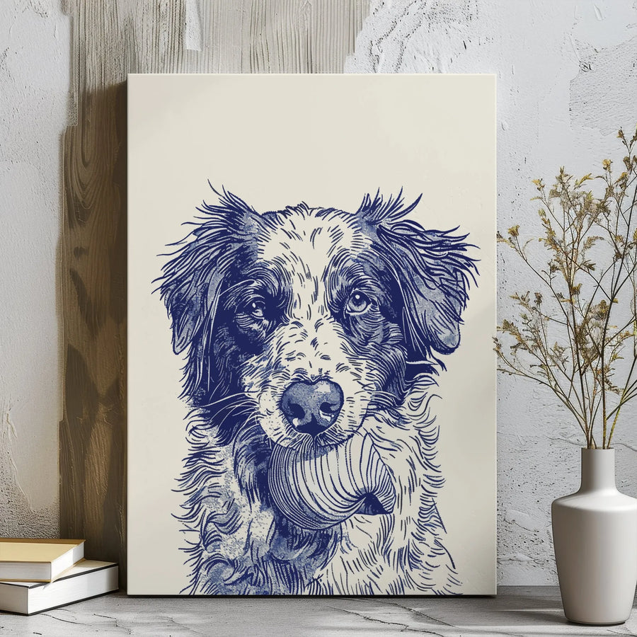 Border Collie Canvas Wall Art | Blue Ink Sketch Portrait with Tennis Ball | Premium Gallery Wrap Decor | Dog Lover Home Decor Gift