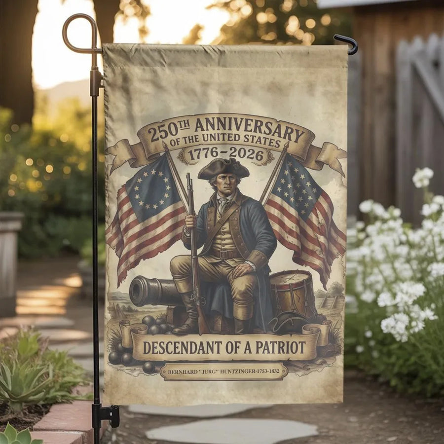 250th Anniversary Garden Flag | Descendant of a Patriot Banner | Weather Resistant Polyester | Collector's Gift for US History Buffs