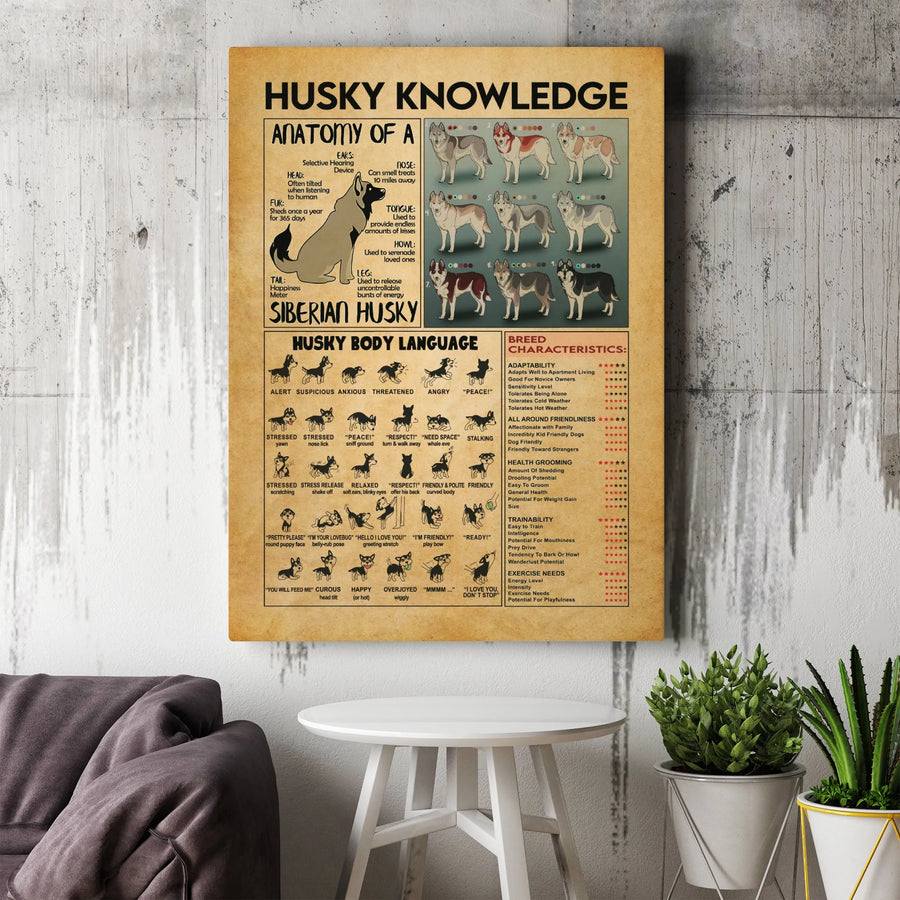 Siberian Husky Poster Wall Art | Anatomy and Body Language Infographic | Premium Gallery Wrapped Canvas | Best Gift for Husky Dog Lovers