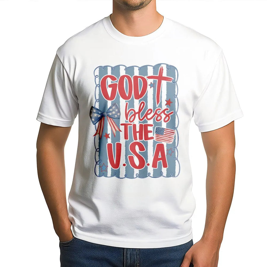 God Bless The USA T-Shirt | Patriotic Coquette Bow Graphic | Soft Cotton Blend | Christian 4th of July Gift For Women