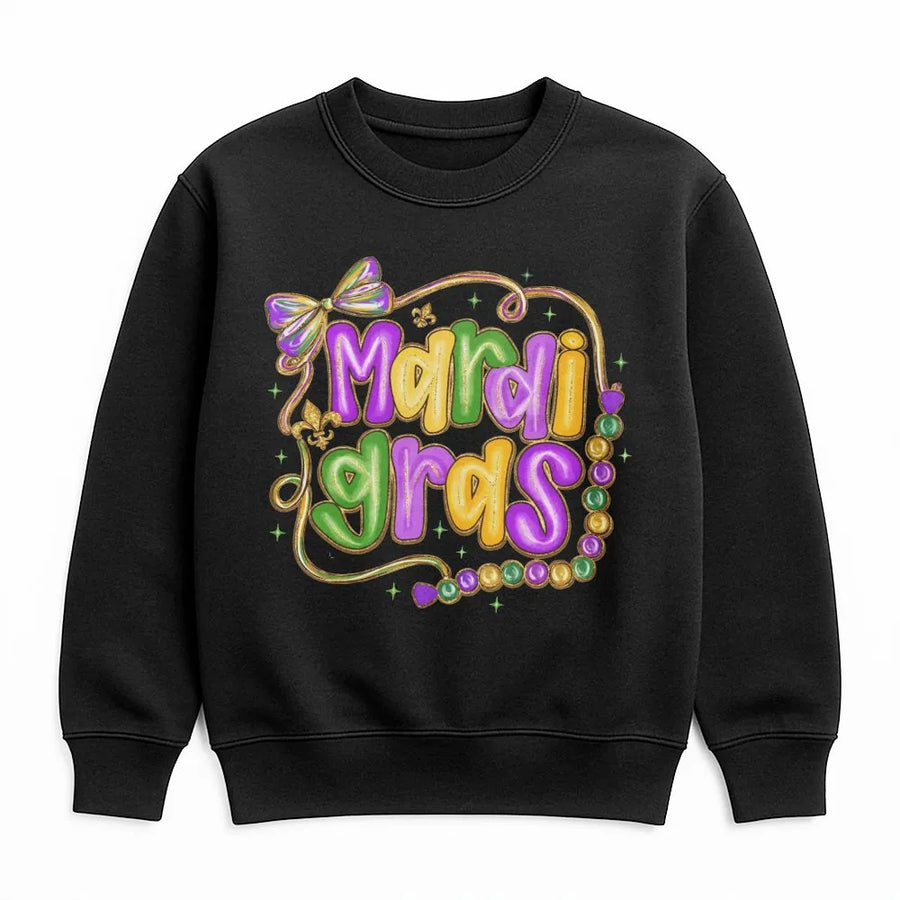Mardi Gras Sweatshirt | Colorful Beads And Bow Graphic | Premium Cotton Blend | New Orleans Parade Party Gift For Women And Men