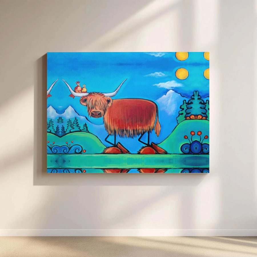 Highland Cow Canvas Wall Art | Whimsical Scottish Cow Folk Art Print | Premium Fade-Resistant Canvas | Colorful Nursery & Living Room Decor Gift