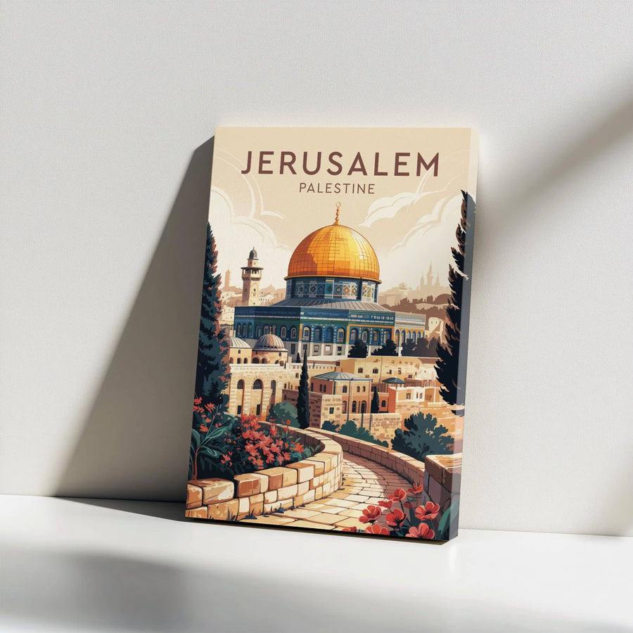 Jerusalem Palestine Vertical Canvas | Vintage Travel Poster Art with Dome of the Rock | Premium Gallery Wrapped Print | Home Decor Wall Art Gift