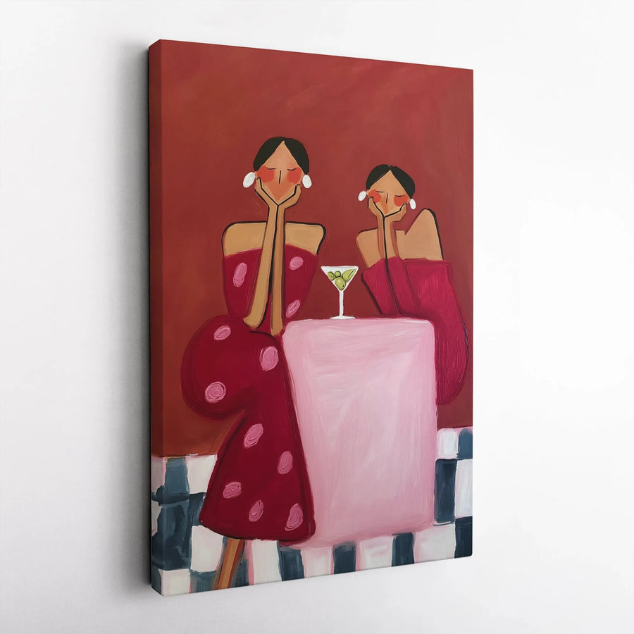 Modern Women Art Canvas | Abstract Two Women with Martini Print | Premium Gallery Wrapped Canvas | Minimalist Bar Cart Art & Home Decor Gift