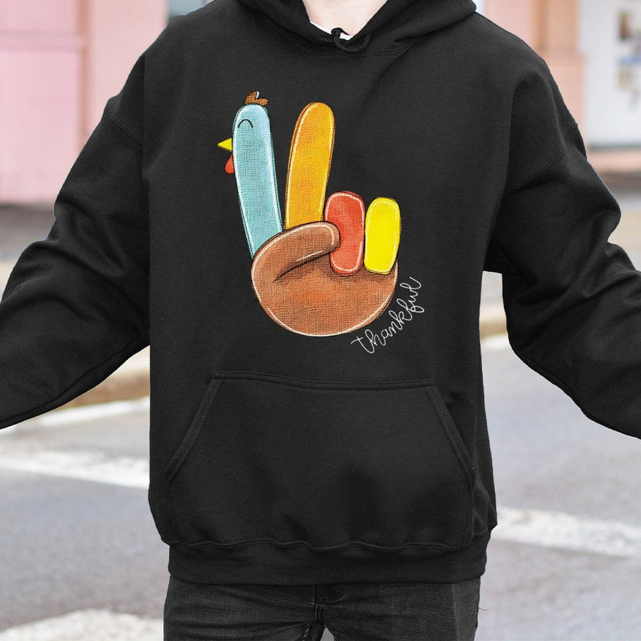 Peace Sign Turkey Hoodie | Funny Thanksgiving Graphic | Premium Cotton Blend | Thankful Shirt Gift for Women and Men