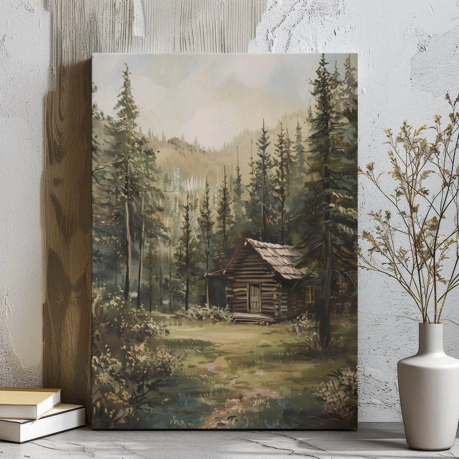 Cabin in the Woods Canvas Print | Rustic Forest Landscape Painting | Premium Gallery Wrapped Wall Art | Nature Lover Home Decor Gift