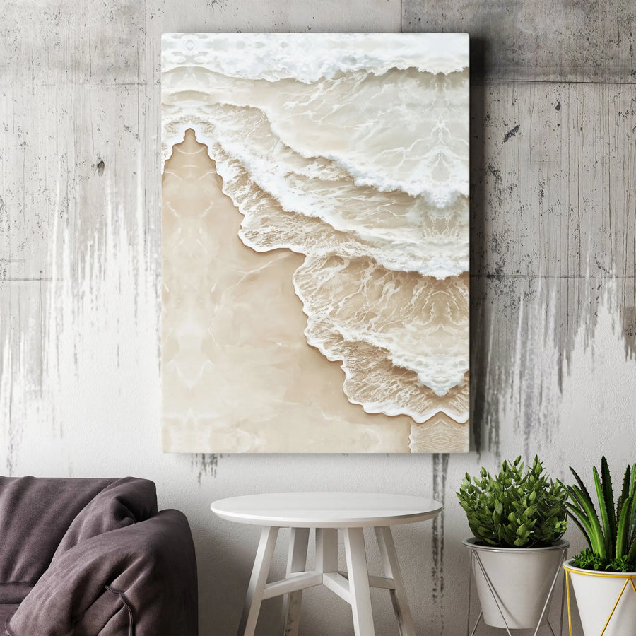 Beach Canvas Wall Art | Aerial Ocean Waves Neutral Coastal Decor | Premium Gallery Wrap Print | Modern Serene Bedroom & Living Room Decor