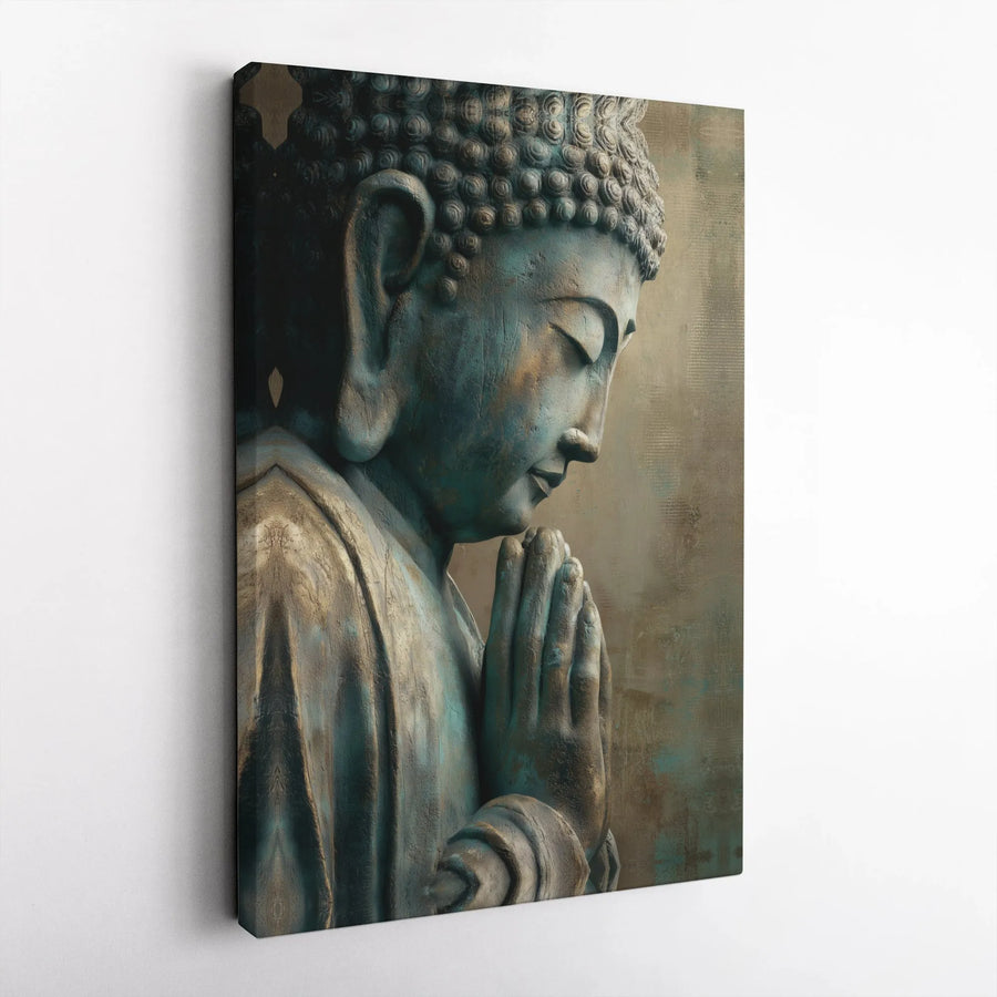 Buddha Wall Art Canvas Print | Vintage Praying Buddha Statue with Patina Finish | Premium 1.25" Thick Gallery Wrapped | Zen Decor Gift for Meditation Room