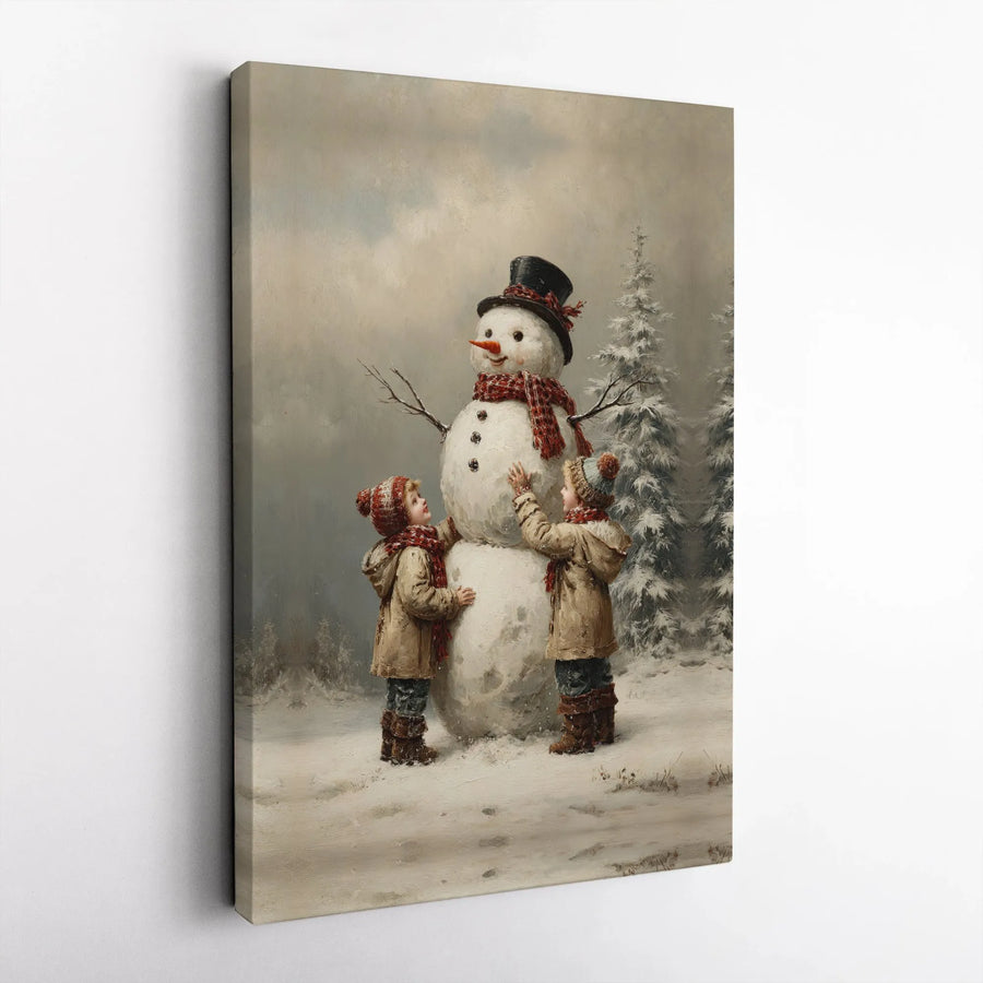 Vintage Winter Children Building Snowman Canvas Wall Art | Nostalgic Christmas Holiday Print | Premium Gallery-Wrapped Decor | Gift For Home Lovers