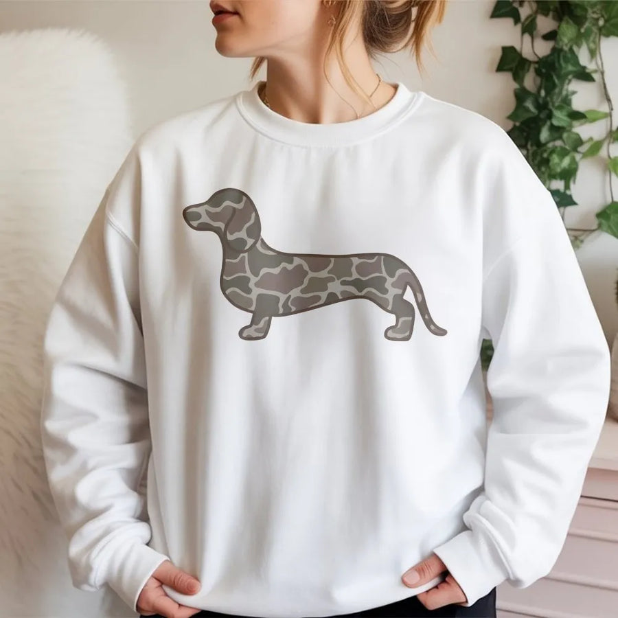 Dachshund Camo Sweatshirt | Wiener Dog Duck Camo Graphic Print | Soft Cotton Blend Premium Pullover | Unique Gift for Dog Mom and Dad
