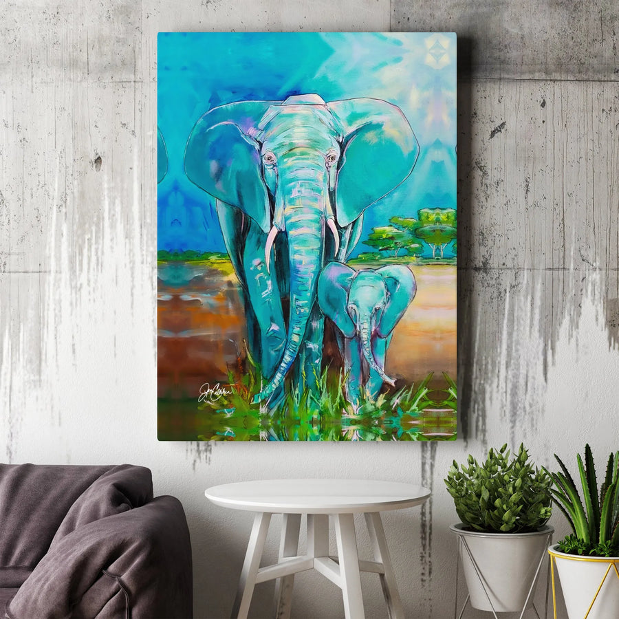Mother and Baby Elephant Canvas Wall Art | Vibrant Watercolor Wildlife Print | Premium Gallery Wrap 1.25" Profile | Nursery Decor & Animal Lover Gift