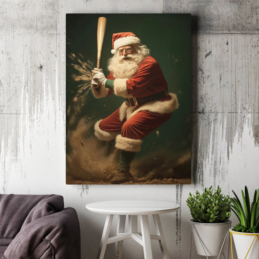 Santa Claus Baseball Canvas Wall Art | Sports Action Holiday Print | Premium 1.25" Thick Gallery Wrap | Unique Christmas Gift for Baseball Fans
