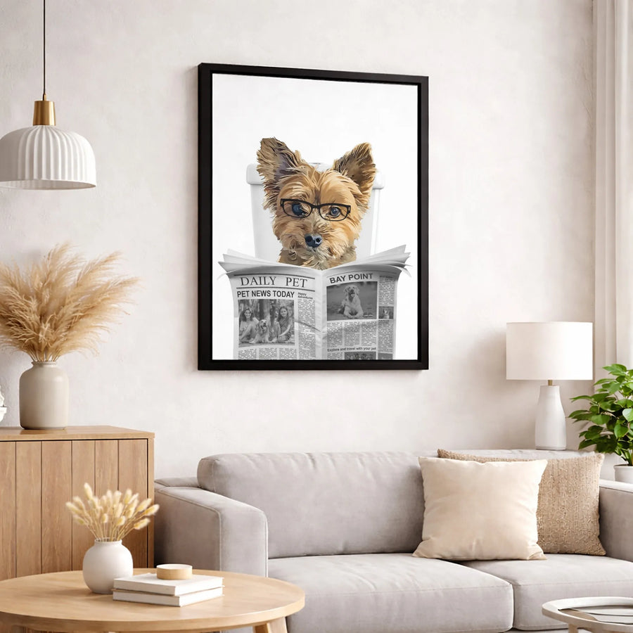 Yorkie Dog Bathroom Wall Art | Funny Puppy Reading Newspaper Print | 1.25-Inch Premium Gallery Canvas | Unique Pet Lover Gift Idea