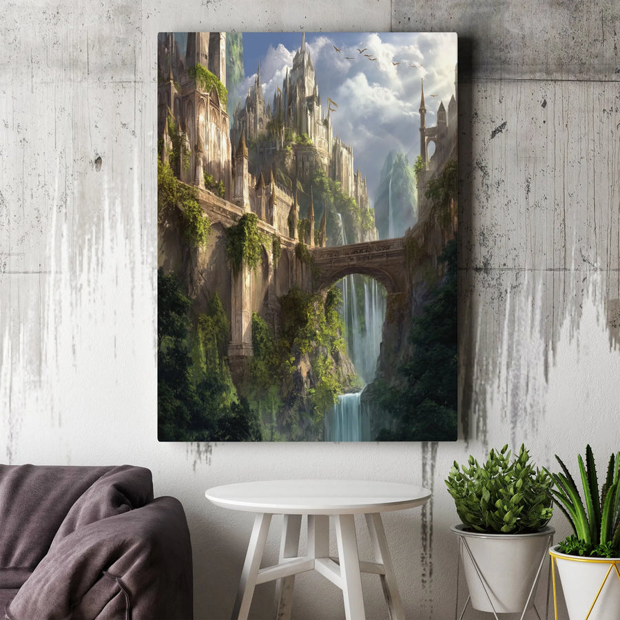 Fantasy Castle Canvas Wall Art | Mountain Citadel with Waterfalls | Premium Fade-Resistant Print | Gift for Fantasy Reader & Gamer