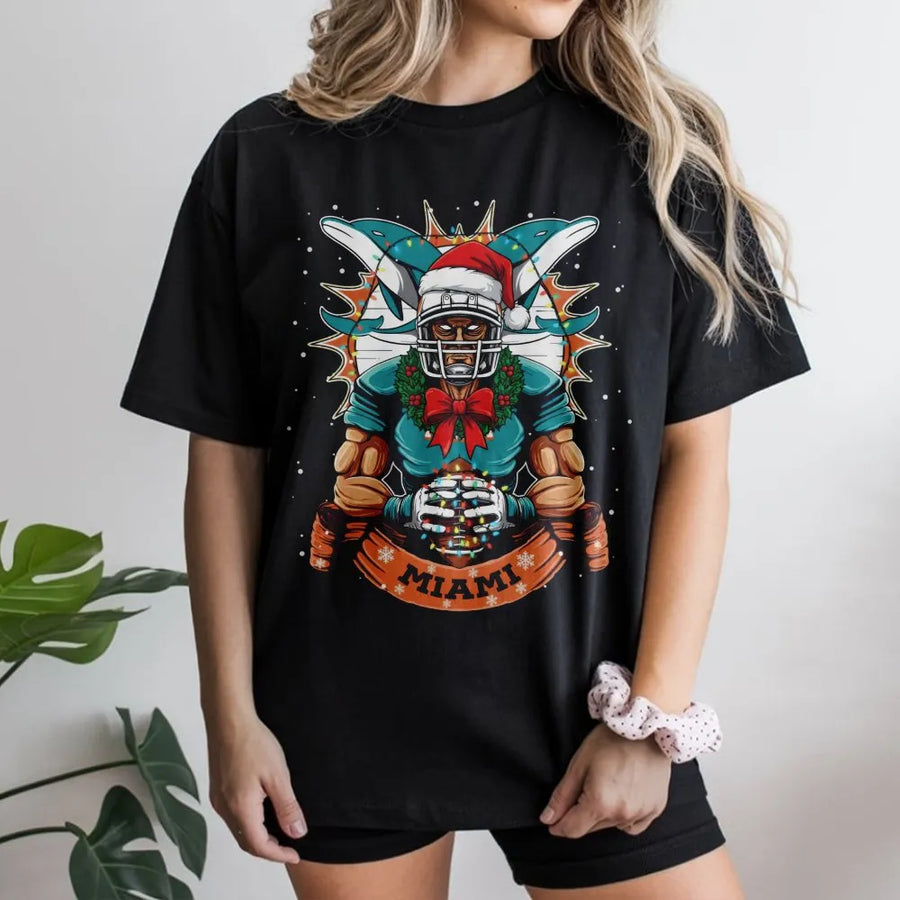 Christmas Miami Football T-Shirt, Football Dolphin Player T-Shirt, Sports Apparel, Classic T-Shirt, Graphic Printed