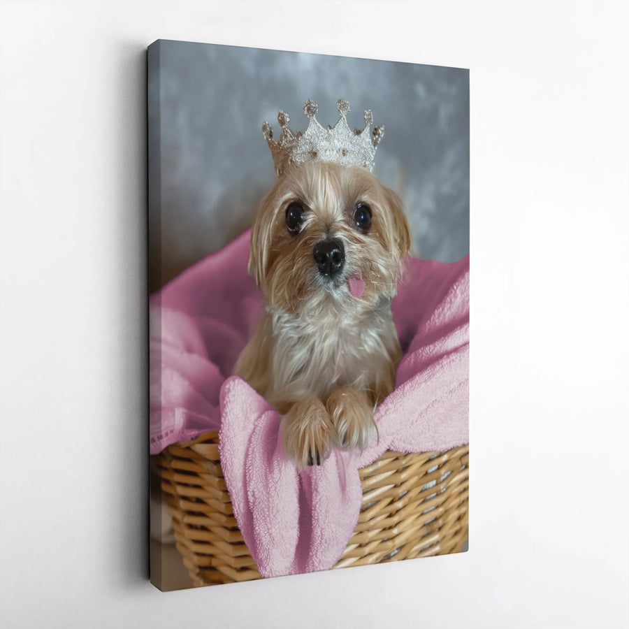 Cute Puppy In Crown Canvas Wall Art | Adorable Dog With Tiara In Basket | Premium Gallery-Wrapped Print | Gift For Dog Lovers & Pet Owners