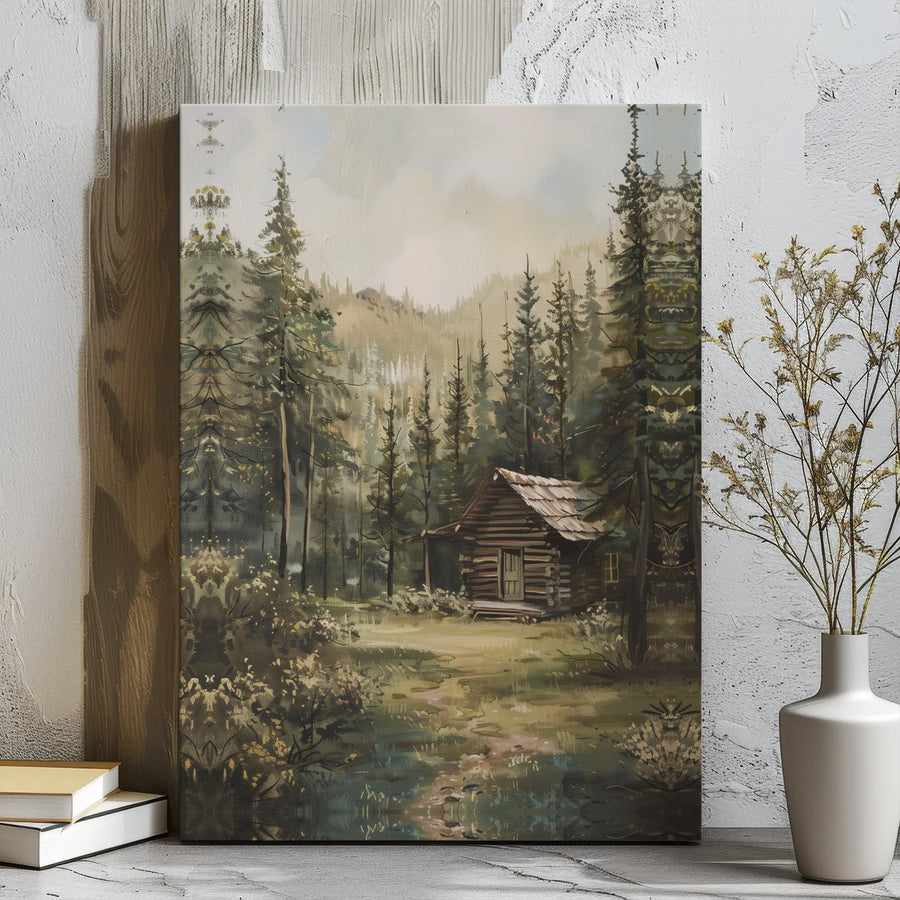 Log Cabin Wall Art | Rustic Pine Forest Painting | Premium Gallery Wrap Canvas | Cozy Cabin Decor for Living Room Gift