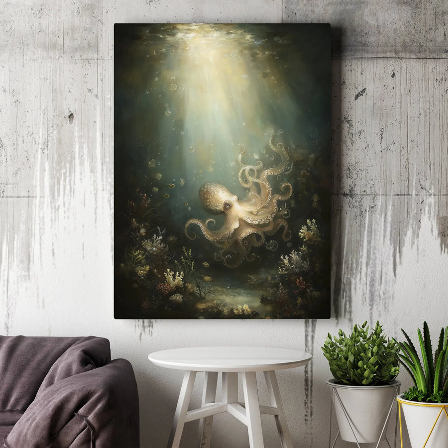 Octopus Wall Art Canvas | Ethereal Deep Sea Underwater Scene | 1.25 Inch Gallery Wrap Premium Decor | Nature Inspired Ocean Gift for Home Office