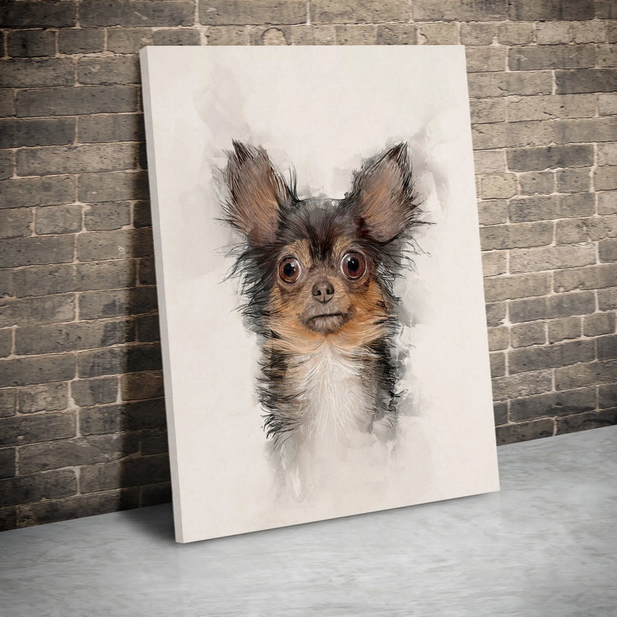 Long Haired Chihuahua Canvas Print | Watercolor Sketch Dog Portrait | Premium Gallery Wrapped Wall Art | Collector's Gift for Dog Lover and Pet Owners