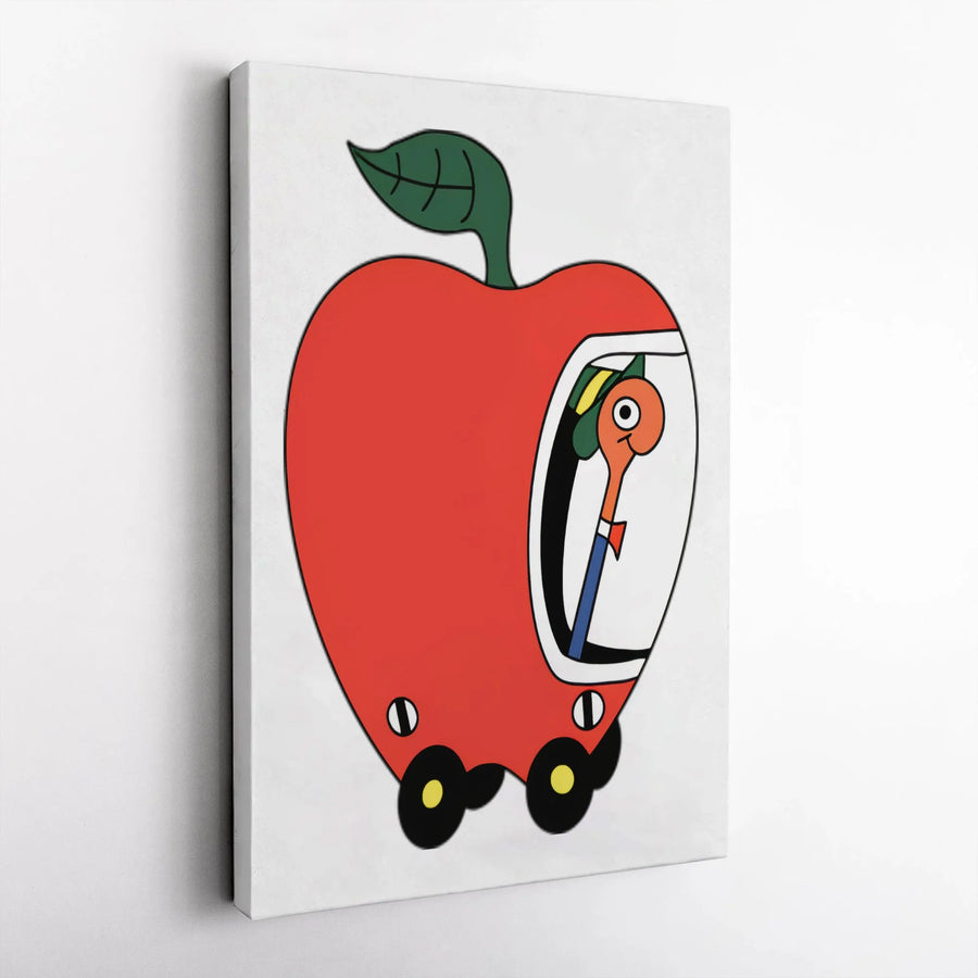 Worm In Apple Car Canvas Print | Whimsical Cartoon Illustration | Premium Thick Gallery Wrap Canvas | Collector's Gift For Kids Room & Nursery Decor