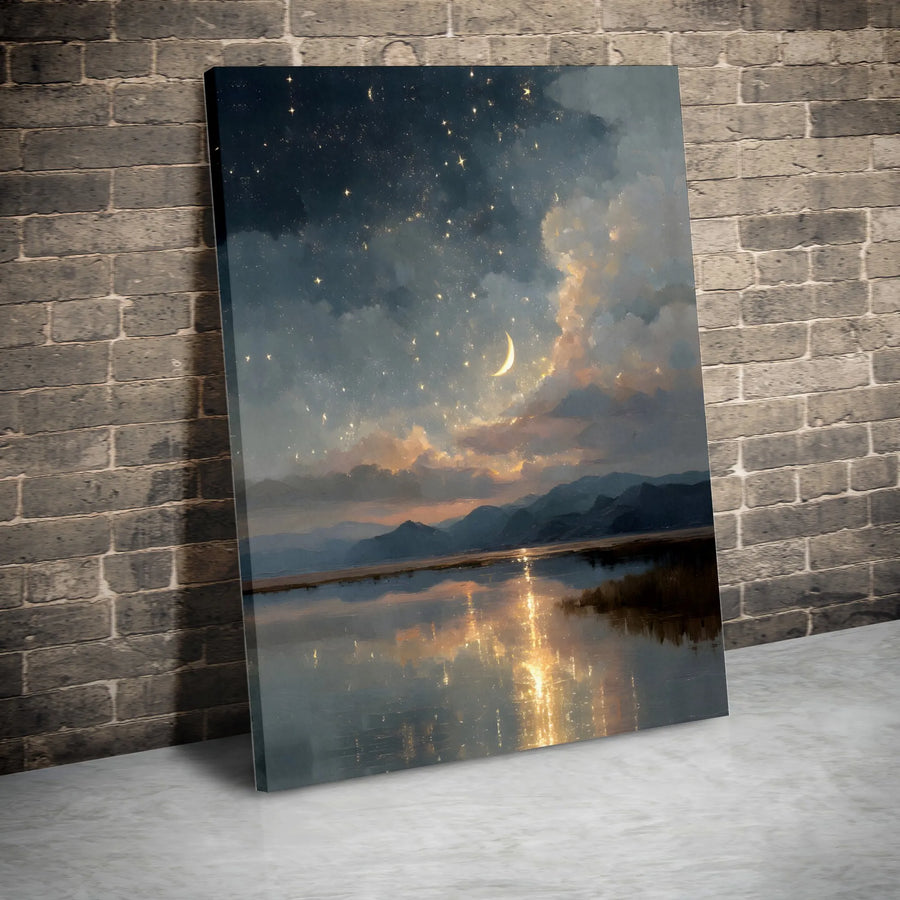Starry Night Lake Canvas Print | Crescent Moon Mountain Landscape Wall Art | Gallery Quality Premium Decor | Serene Nature Artwork for Home Office