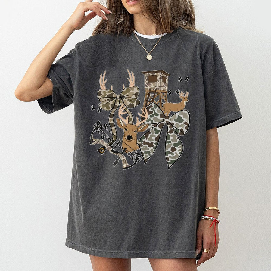 Hunting Season Bow T-Shirt | Camo Deer Stand Aesthetic | Premium 100% Cotton | Gift for Hunters and Outdoorsy Women