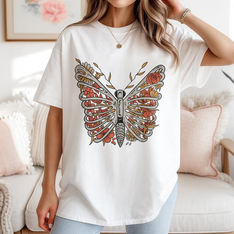 Floral Butterfly Skeleton T-Shirt | Boho Botanical Butterfly Graphic Tee | Premium 100% Cotton Comfort | Unique Nature Gift For Her