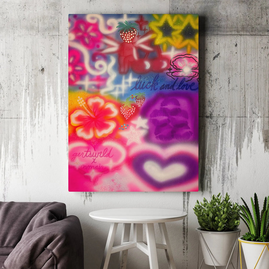 Y2K Aesthetic Airbrush Canvas Art | Retro Strawberry Hearts Hibiscus Wall Decor | 1.25 Inch Gallery Wrap | Vibrant Pink Bedroom Aesthetic Gift