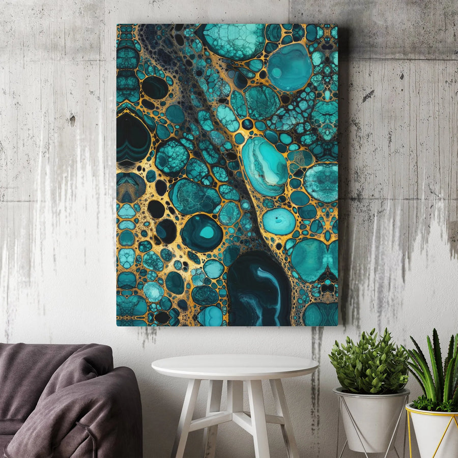 Abstract Turquoise and Gold Canvas Wall Art | Fluid Geode Marble Print | Premium 1.25 Inch Gallery Wrap | Modern Home Office Decor Gift
