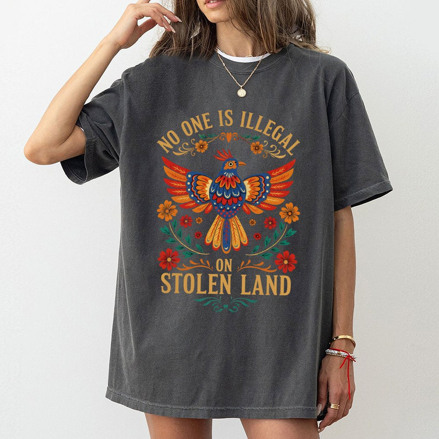 No One Is Illegal On Stolen Land T-Shirt | Folk Art Bird Graphic Print | Premium Soft Cotton Tee | Social Justice Activist Gift Apparel