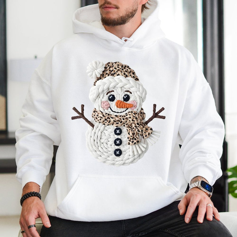 Leopard Print Snowman Hoodie | Faux Yarn Knitted Graphic Sweatshirt | Premium Cotton Blend | Christmas Gift For Women & Teens