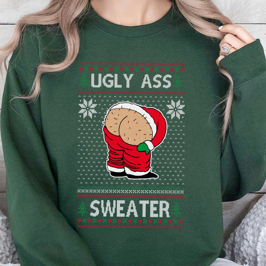 Ugly Christmas Sweatshirt | Funny Santa Butt Mooning Graphic | Unisex Premium Cotton Blend Crewneck | Hilarious Holiday Party Gift For Adults