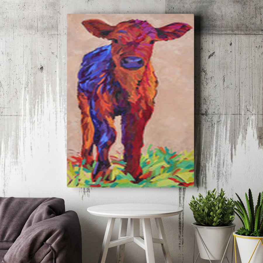 Colorful Cow Vertical Canvas | Vibrant Red Calf Farmhouse Art | 1.25" Thick Gallery Wrap | Living Room & Kitchen Decor Gift