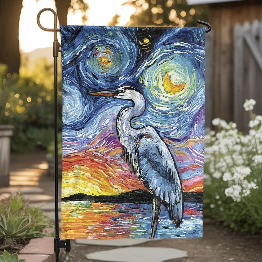 Great Blue Heron Garden Flag | Starry Night Impressionist Art Print | Weather-Resistant Polyester | Outdoor Yard Decor Gift for Bird Lovers