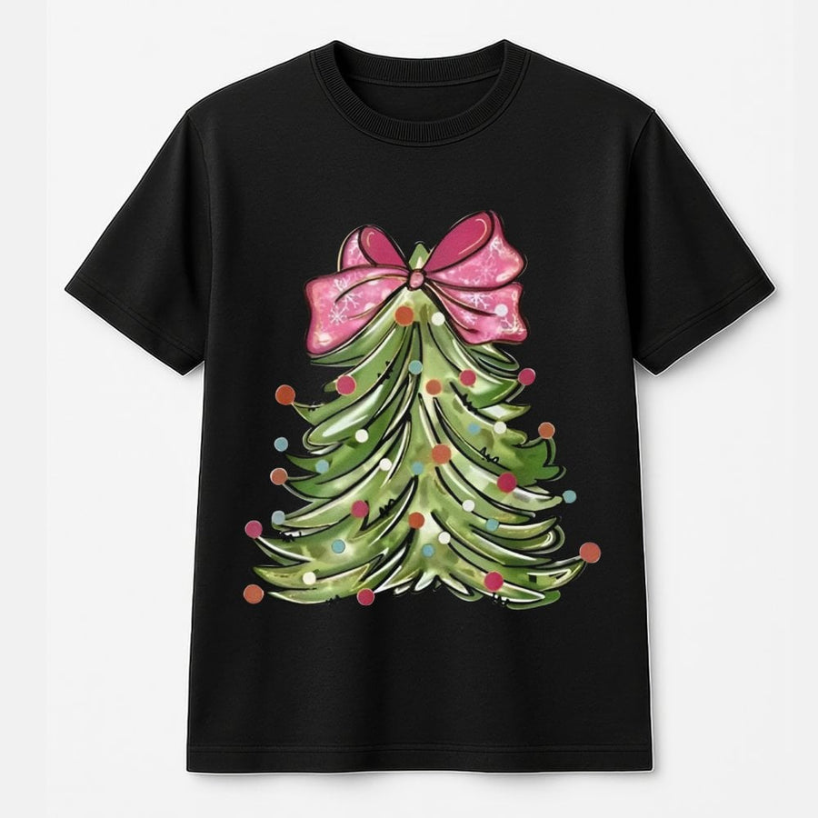 Christmas Tree T-Shirt | Retro Pink Bow Graphic Design | 100% Premium Cotton Tee | Festive Holiday Gift for Women and Men