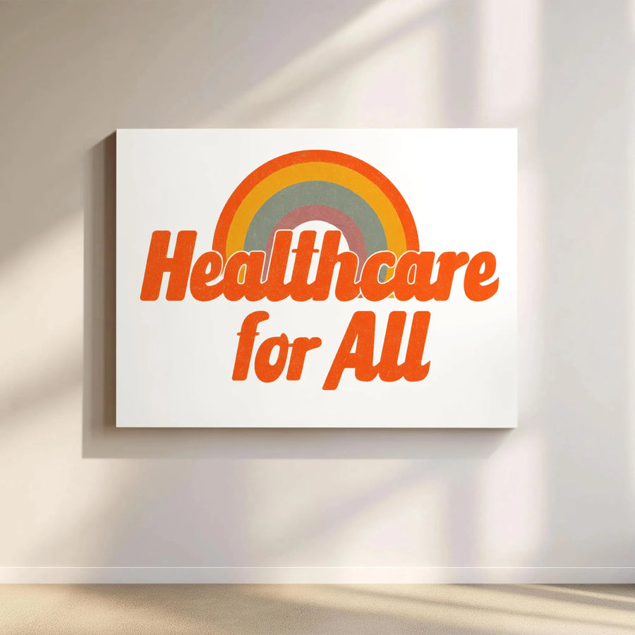 Healthcare For All Wall Art | Retro Rainbow Typography Print | Premium Gallery Wrapped Canvas | Social Justice Decor For Office Or Home
