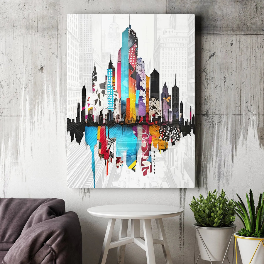 New York City Skyline Canvas | Abstract Colorful Collage Print | Premium 1.25 Inch Gallery Wrap | Modern Home Office Wall Decor