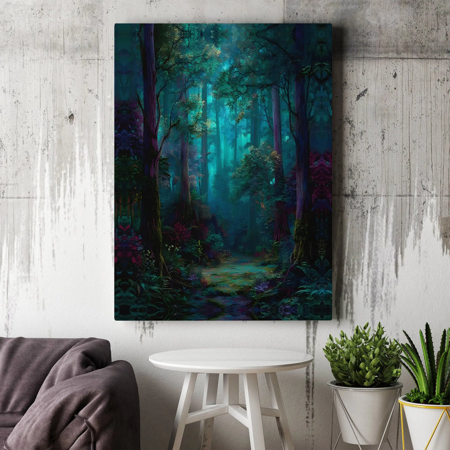 Enchanted Forest Canvas Wall Art | Glowing Teal & Purple Fantasy Landscape | Premium Fade-Resistant Gallery Print | Magical Home Decor Gift