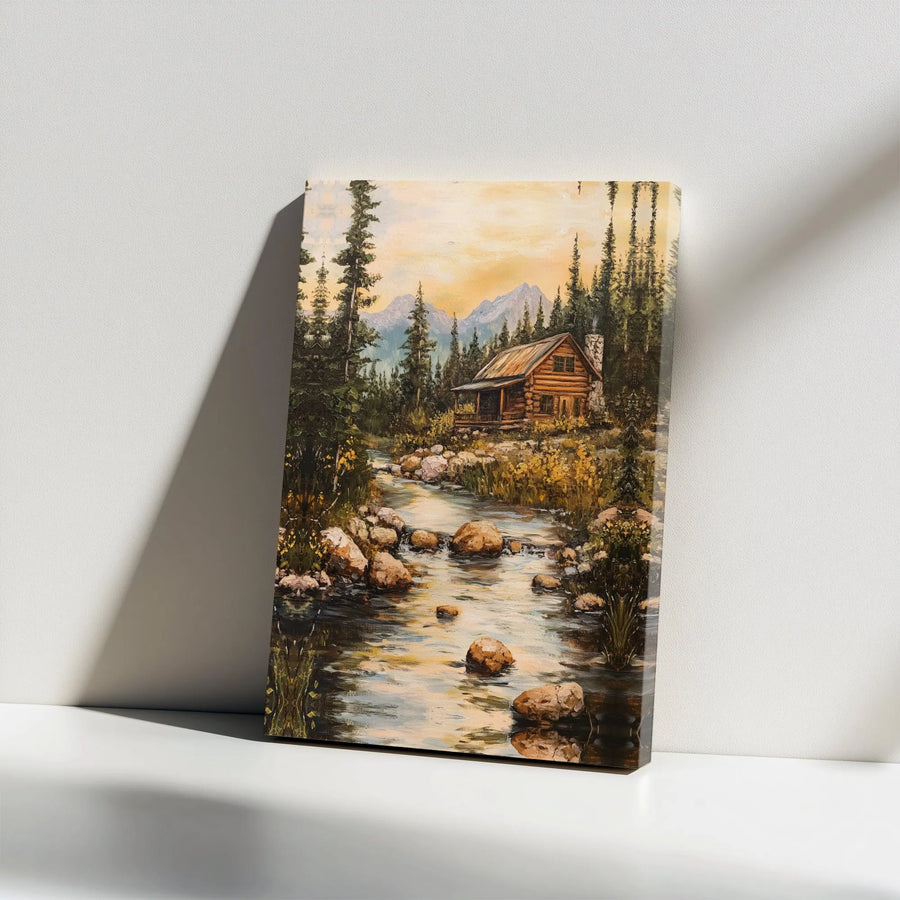 Rustic Log Cabin Canvas Wall Art | Oil Painting Style Forest River Print | Thick Gallery Wrap Canvas | Lodge & Cabin Decor Gift