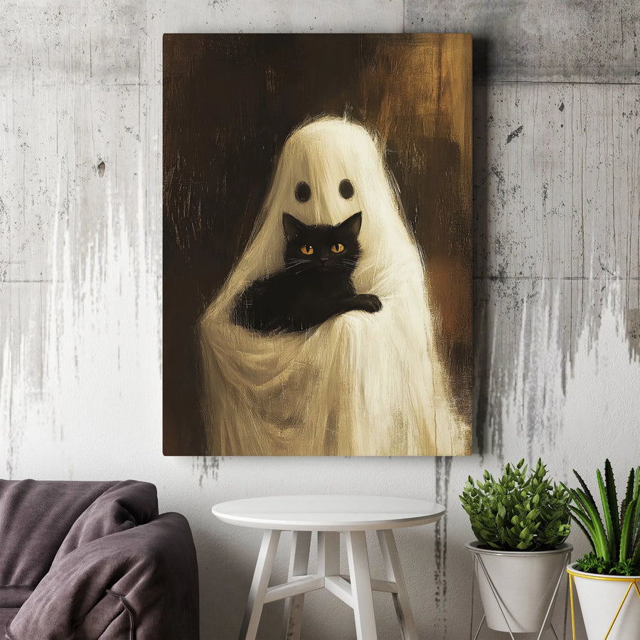 Black Cat Ghost Canvas Wall Art | Spooky Cute Halloween Decor | Premium Gallery Wrap Print | Whimsical Gothic Gift For Cat Lovers