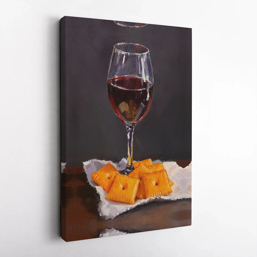 Wine and Crackers Still Life Canvas | Realistic Oil Painting Art | Premium Gallery Wrapped Decor | Kitchen and Bar Wall Art Gift