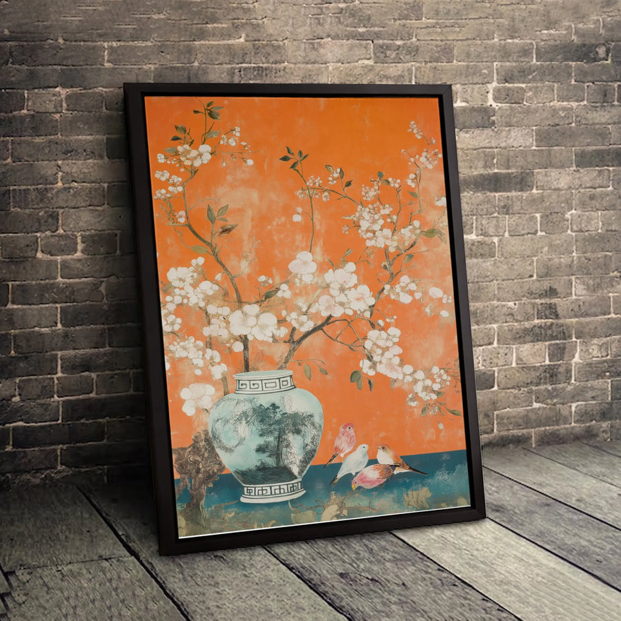 Chinoiserie Wall Art | Orange Cherry Blossom & Bird Canvas Print | Premium Gallery Wrapped Decor | Traditional Asian Inspired Home Gift