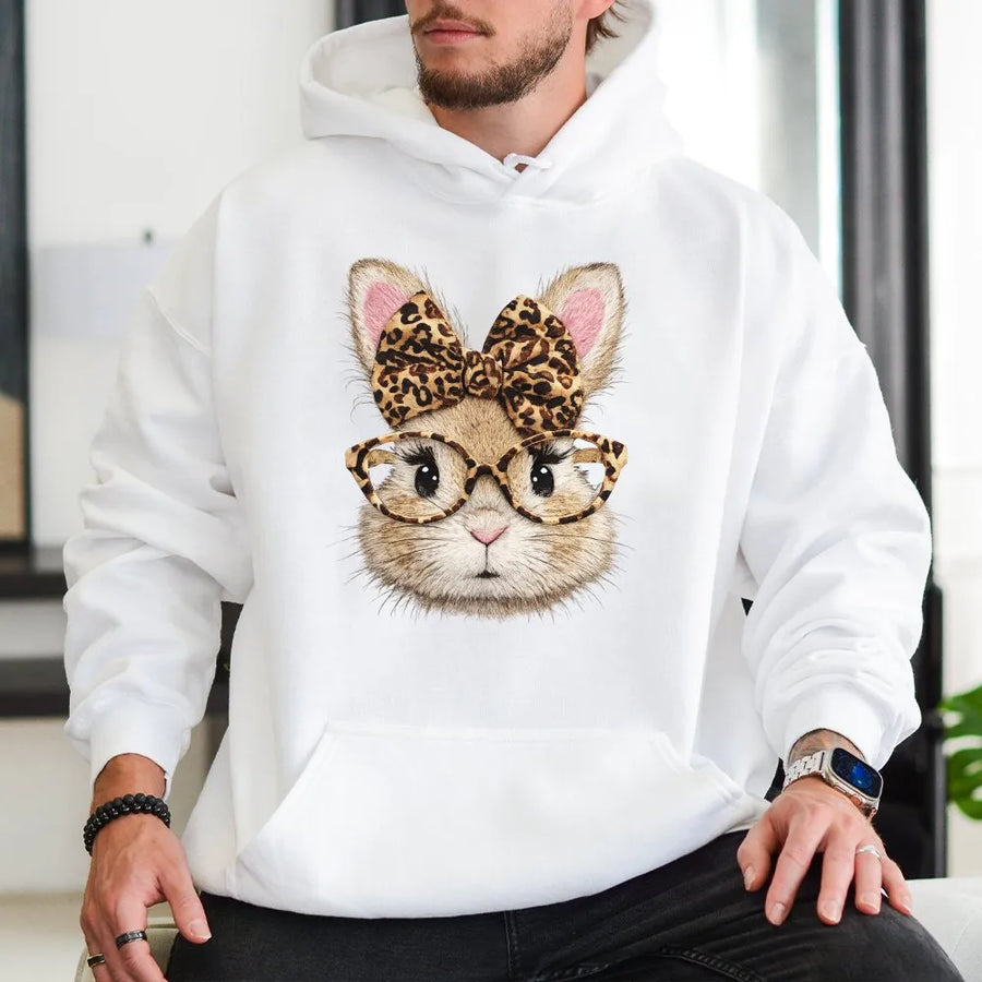 Cute Bunny Hoodie | Leopard Print Bow and Glasses Rabbit Graphic | Premium Cotton Blend | Easter Gift for Her and Bunny Lovers