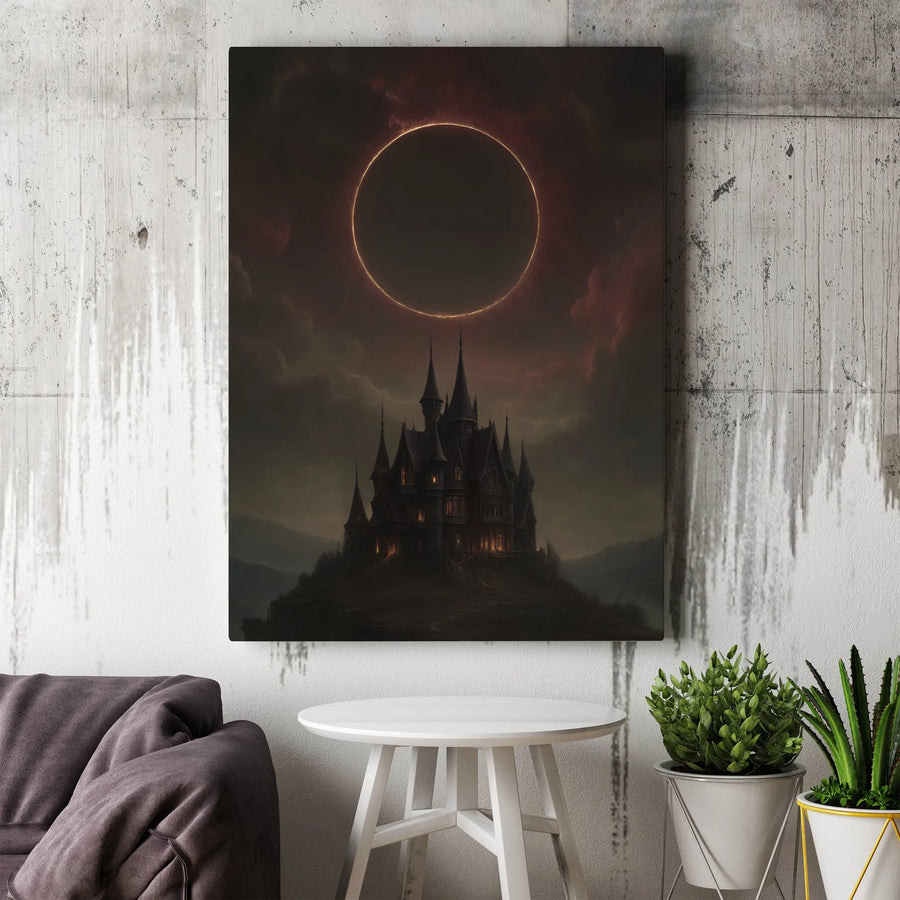 Gothic Castle Wall Art | Eerie Solar Eclipse Landscape | Premium Gallery Wrapped Canvas | Dark Academia Home Decor Gift