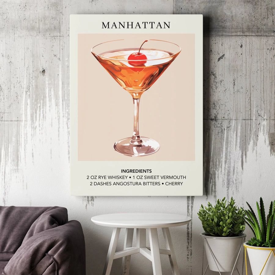 Manhattan Cocktail Recipe Wall Art | Mid-Century Modern Drink Print | Premium Gallery Wrapped Canvas | Bar Cart Decor & Home Bar Gift