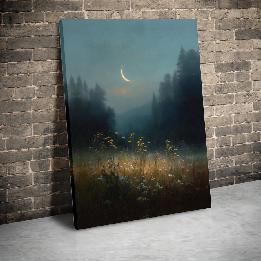 Misty Forest Wall Art | Wildflower Meadow Under Crescent Moon | Gallery Wrapped Premium Canvas | Serene Nature Landscape Decor for Home