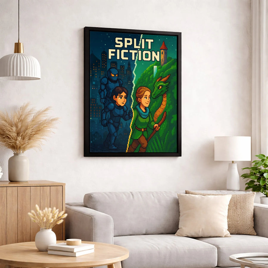 Pixel Art Wall Decor | Sci-Fi vs Fantasy Dragon Split Design | Premium 1.25" Gallery Wrapped Canvas | Gamer Room Gift for Him & Her
